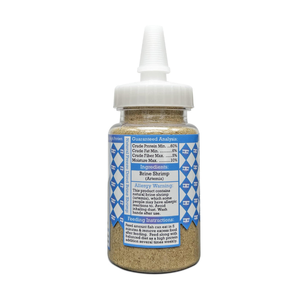 Aquatic Provisions fine brine shrimp semi-fine granules closeup highlights precise feed size for sensitive fish.