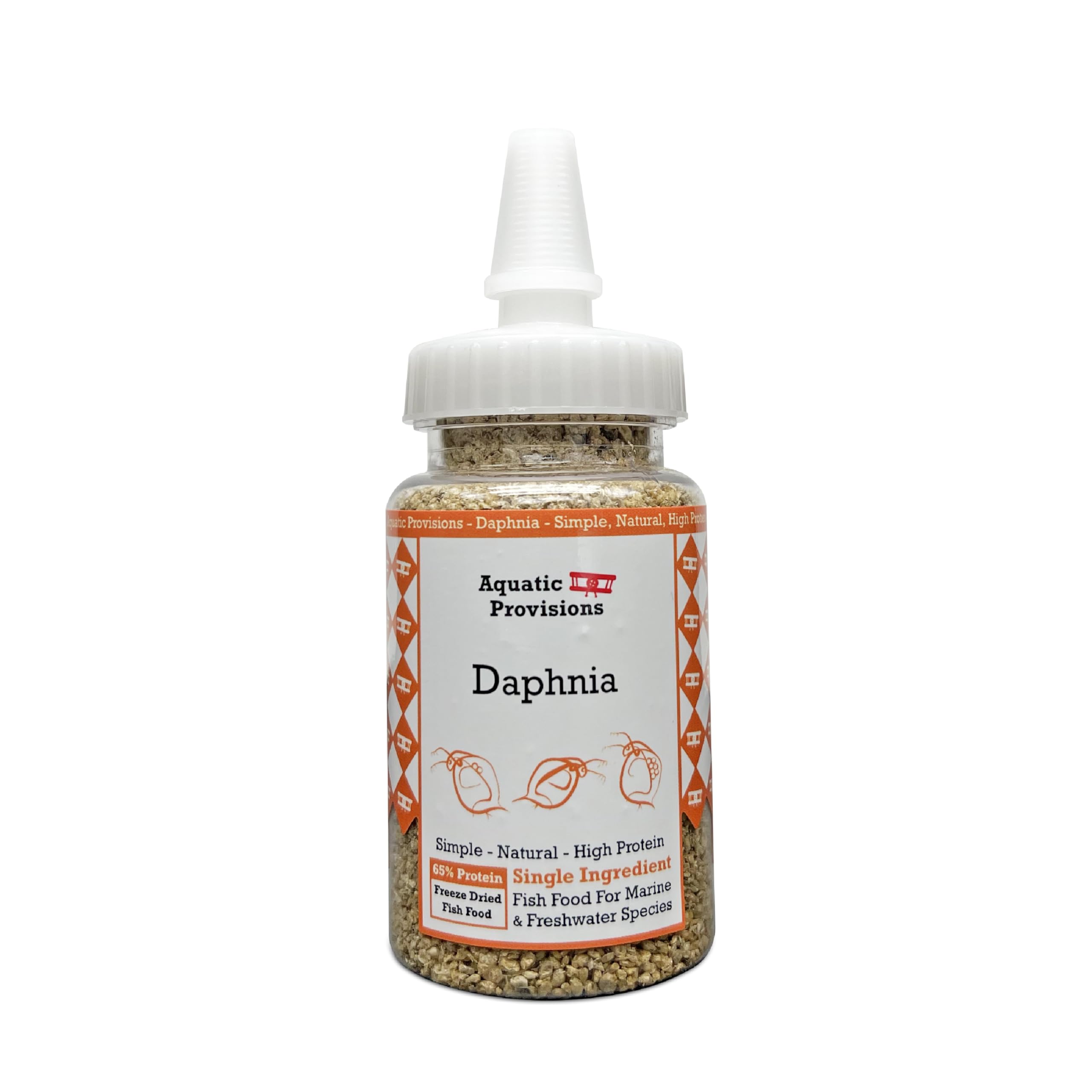 Aquatic Provisions freeze-dried daphnia bottle closeup—natural protein snack for aquarium fish