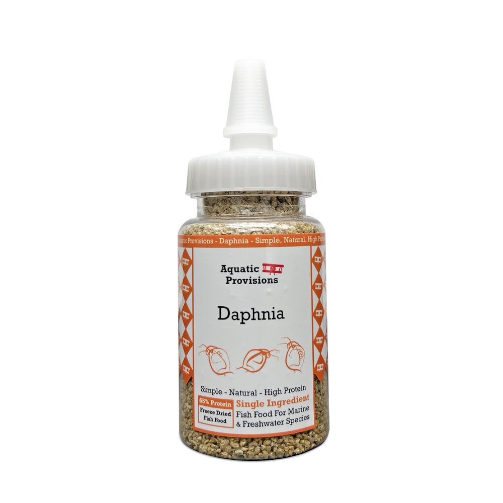 Aquatic Provisions freeze-dried daphnia bottle closeup—natural protein snack for aquarium fish