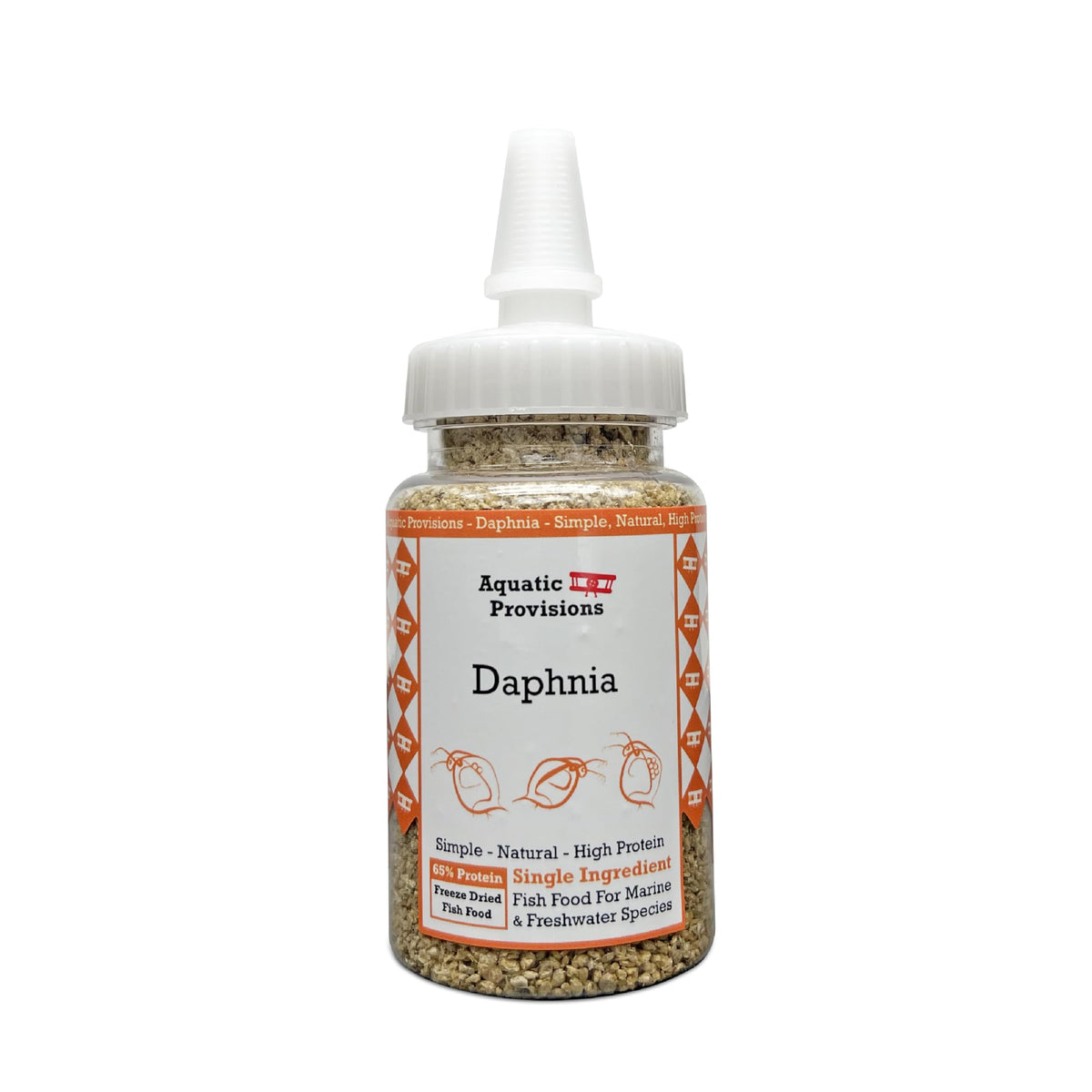 Aquatic Provisions freeze-dried daphnia bottle closeup—natural protein snack for aquarium fish