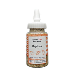 Aquatic Provisions freeze-dried daphnia bottle closeup—natural protein snack for aquarium fish