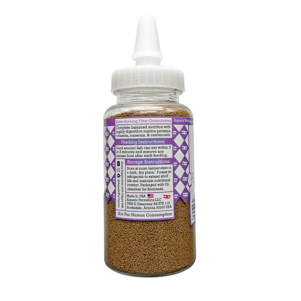 Aquatic Provisions Guppy Granulettes close-up highlights slow-sinking granules.