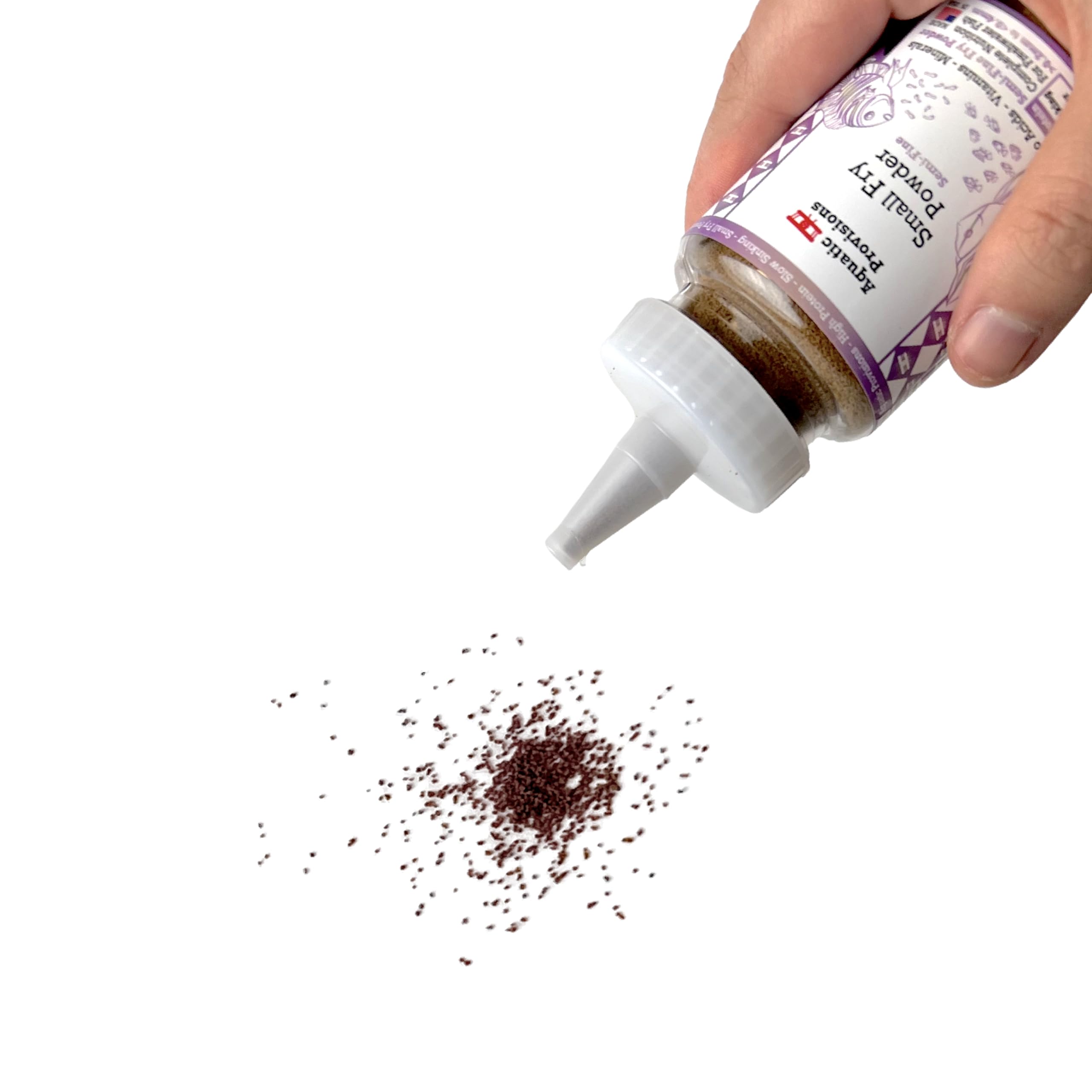Aquatic Provisions Small Fry Powder bottle close-up highlights 48% protein for juvenile growth.
