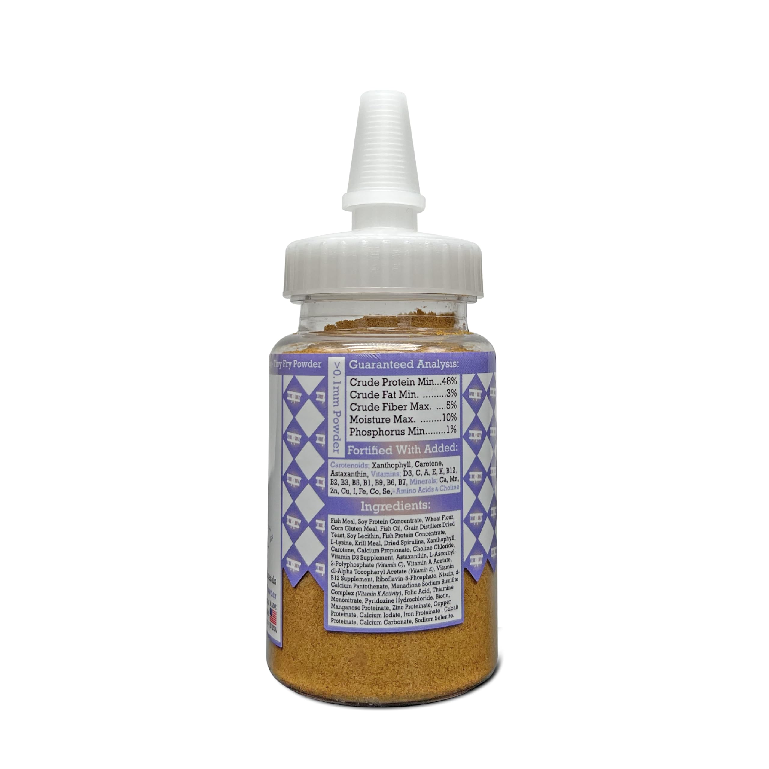 Aquatic Provisions Tiny Fry USA-made nutrition with digestible proteins and vitamins.