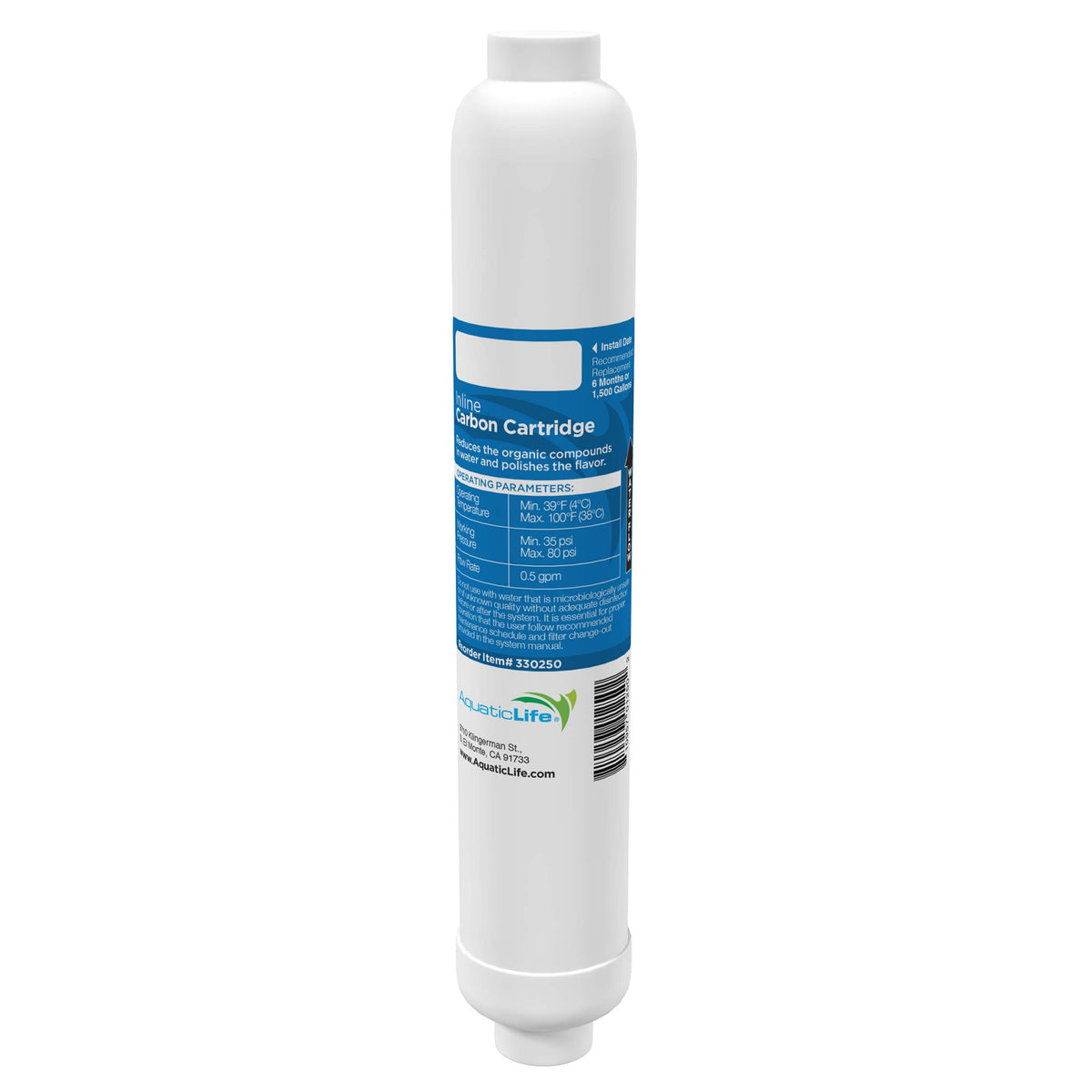 AquaticLife inline carbon block filter cartridge reduces chlorine before RO filtration for clearer aquarium water.