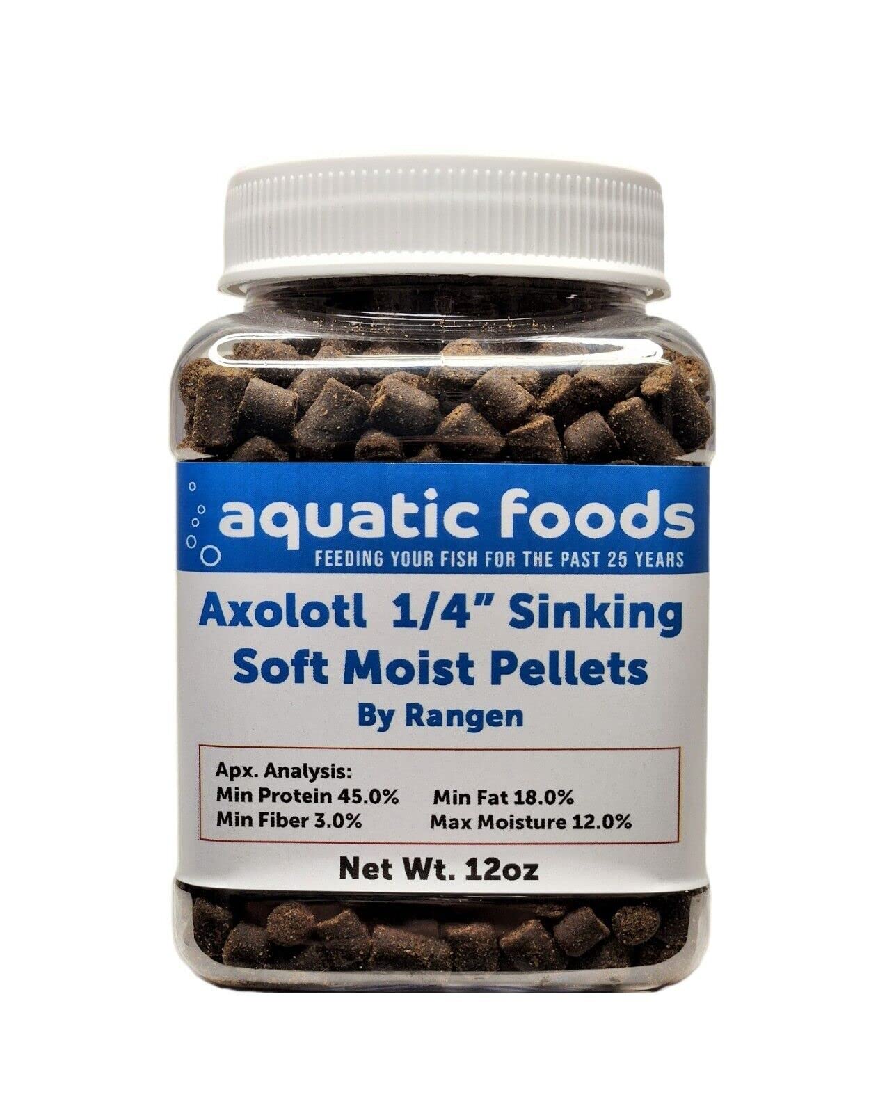 Aquatic Foods Inc axolotl food pellets jar for easy sinking feeding.