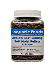 Aquatic Foods Inc axolotl food pellets jar for easy sinking feeding.