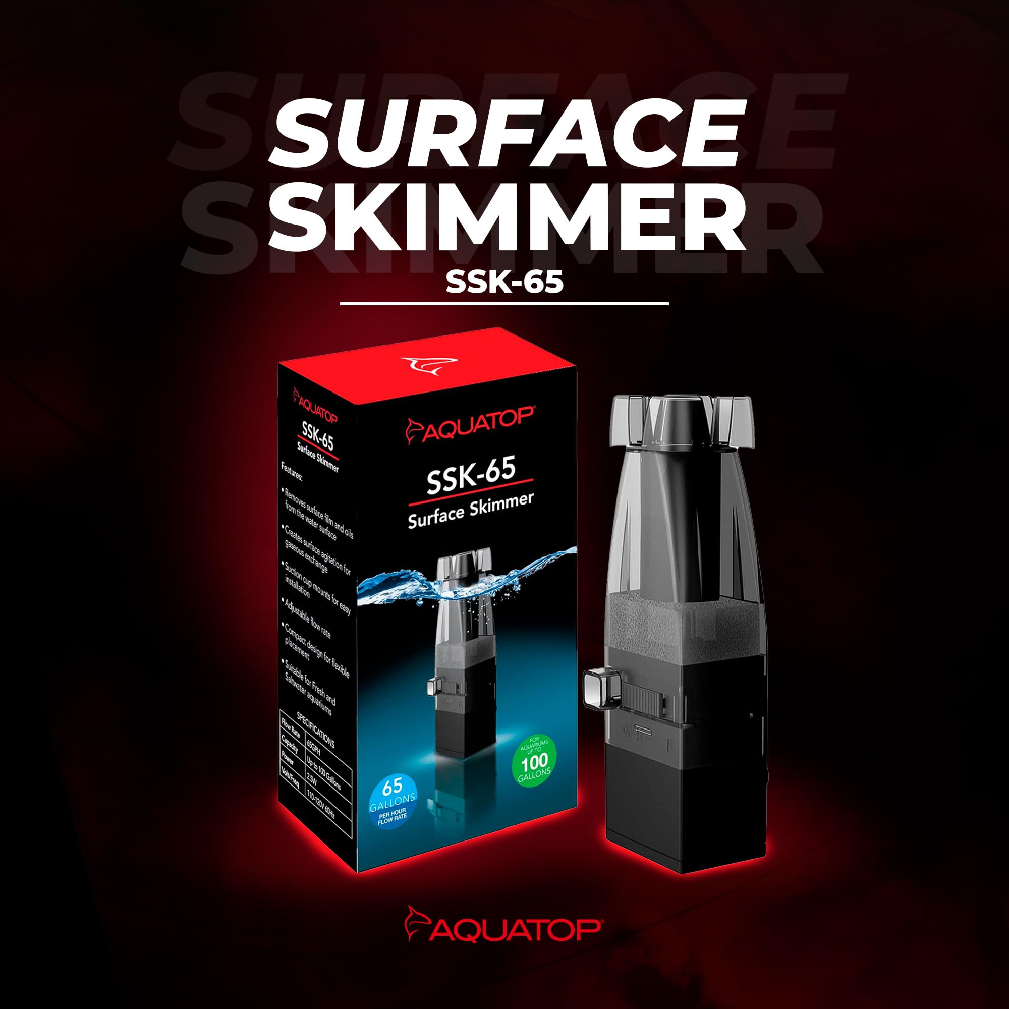 Aquatop surface skimmer installation setup illustrating quick mounting for easy setup.