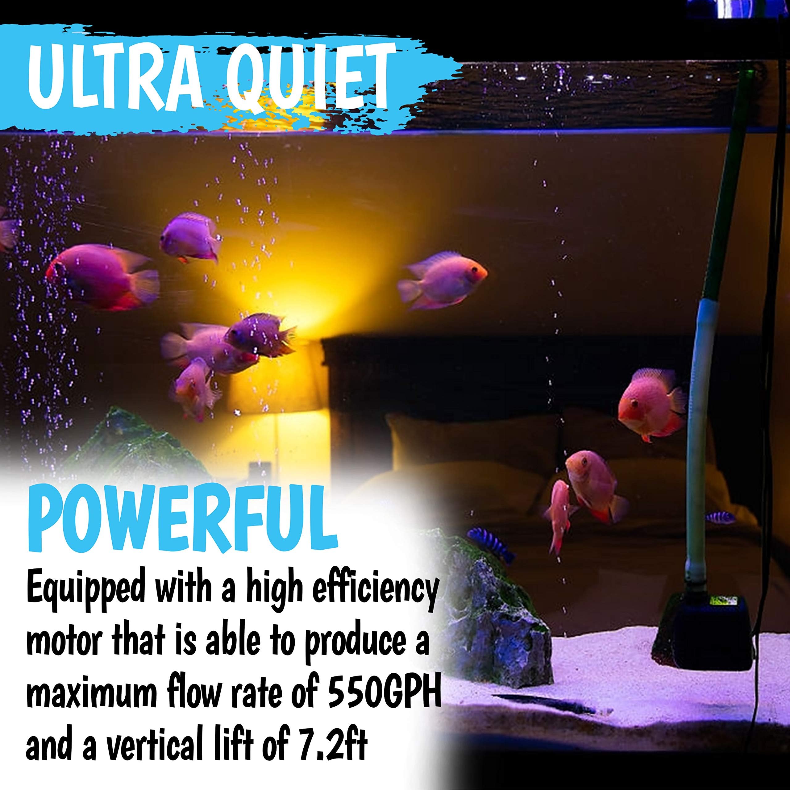 Aquatrone 550GPH pump demonstrates 7.2ft lift for tall water features.