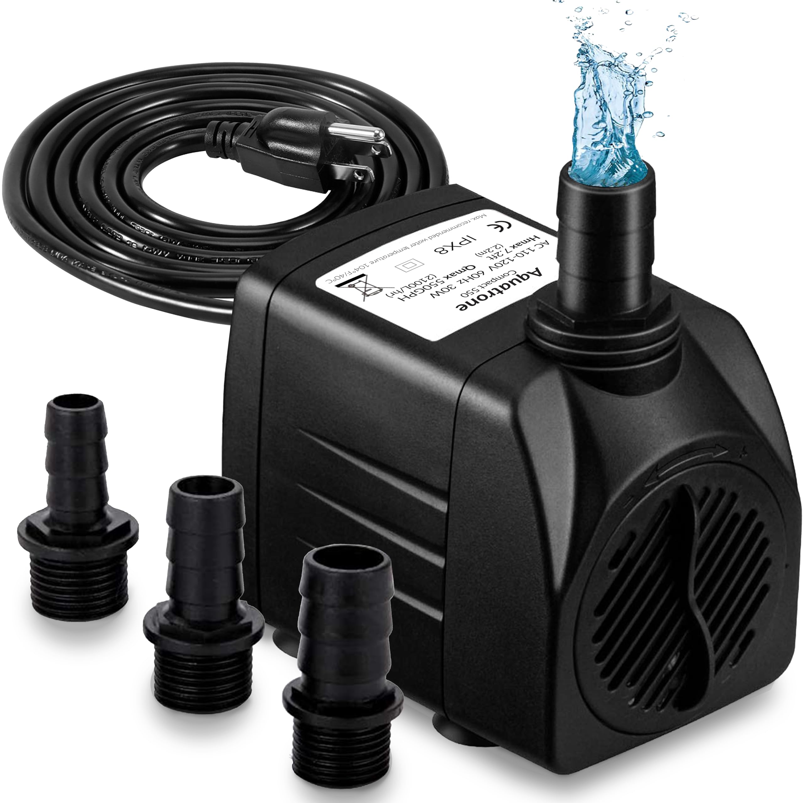 Aquatrone 550GPH submersible pump shows compact design for discreet installation.