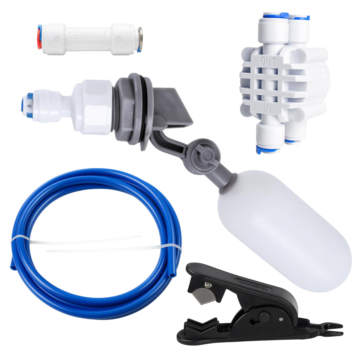 AQUEFY ro-di float valve kit assembly showing leakproof RO connections