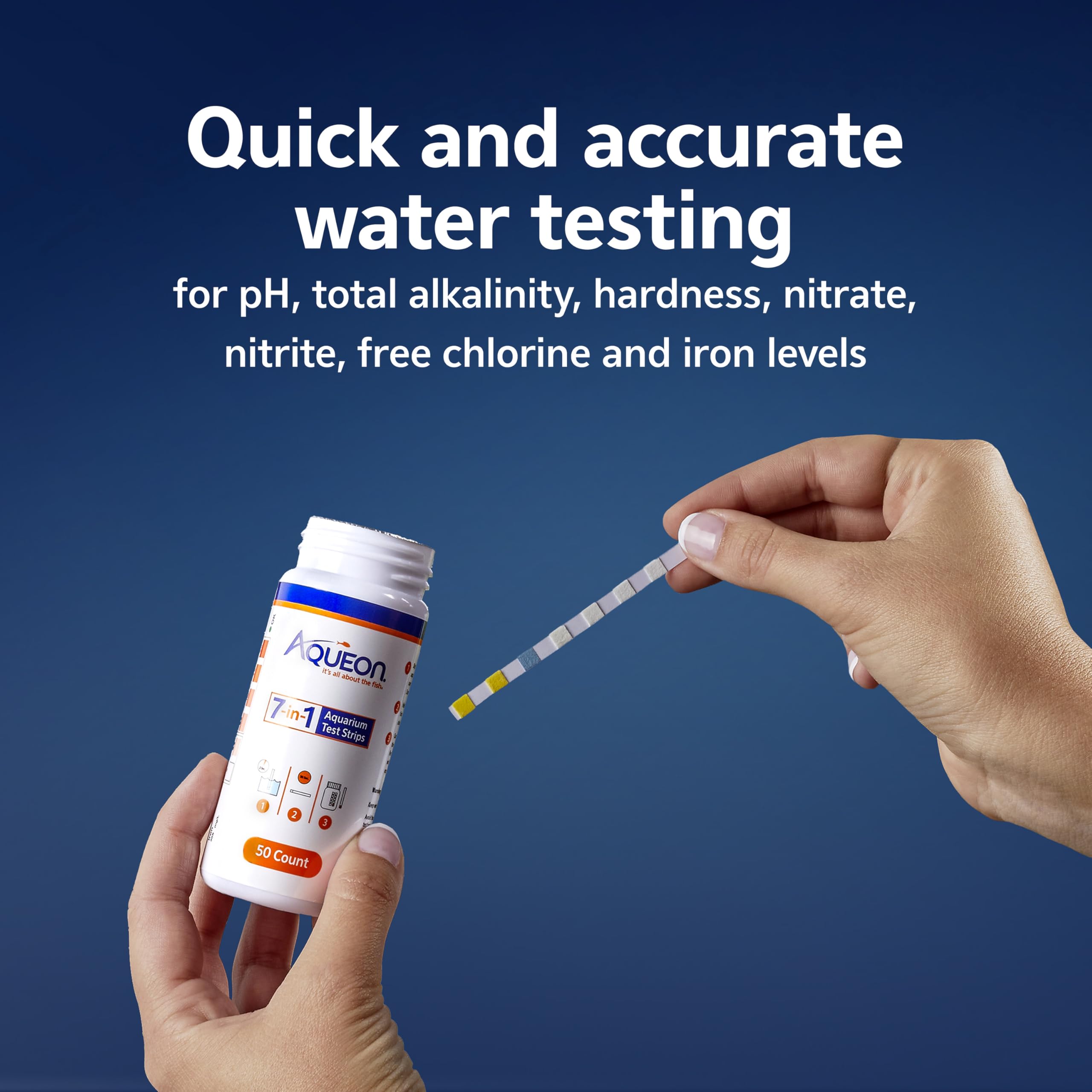 Aqueon 7-in-1 test strip bottle showing a 50-count supply for regular monitoring.