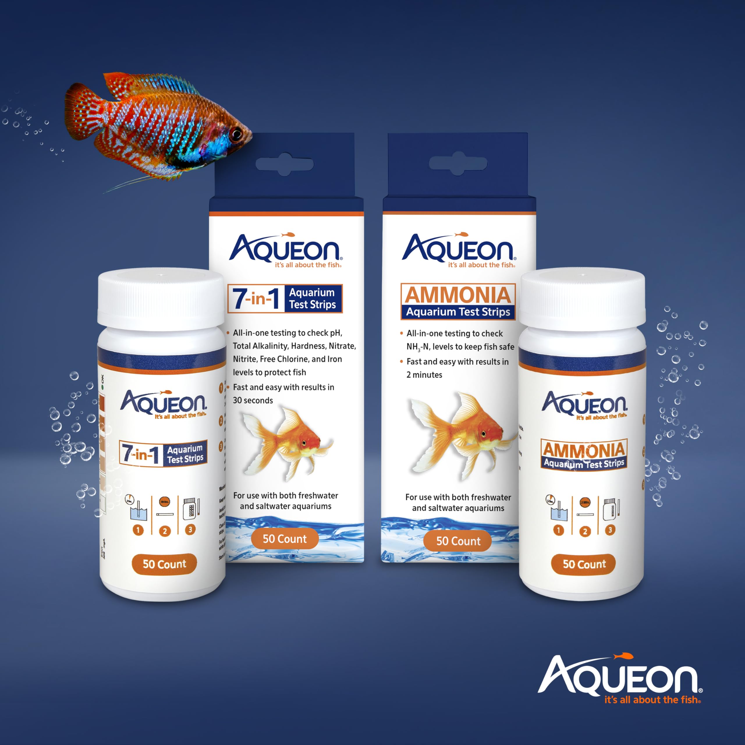 Aqueon 7-in-1 test strip measures free chlorine and iron for safety.