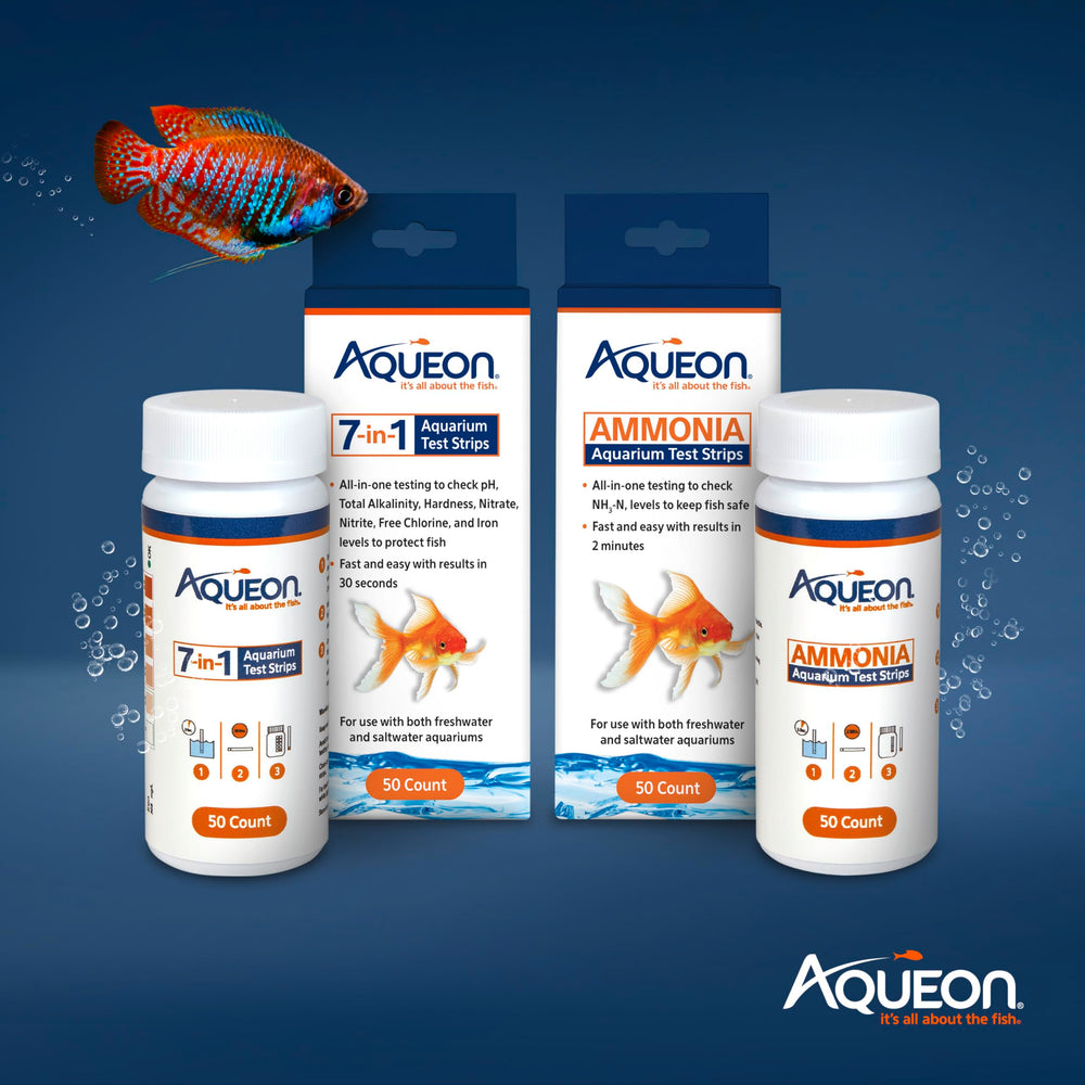 Aqueon 7-in-1 test strip measures free chlorine and iron for safety.