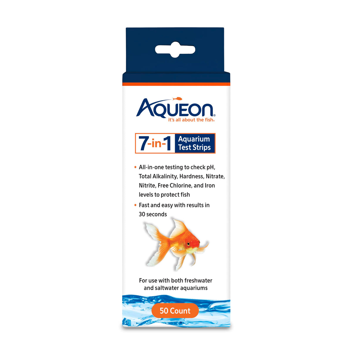 Aqueon 7-in-1 test strip dipped in aquarium water for a quick health check.