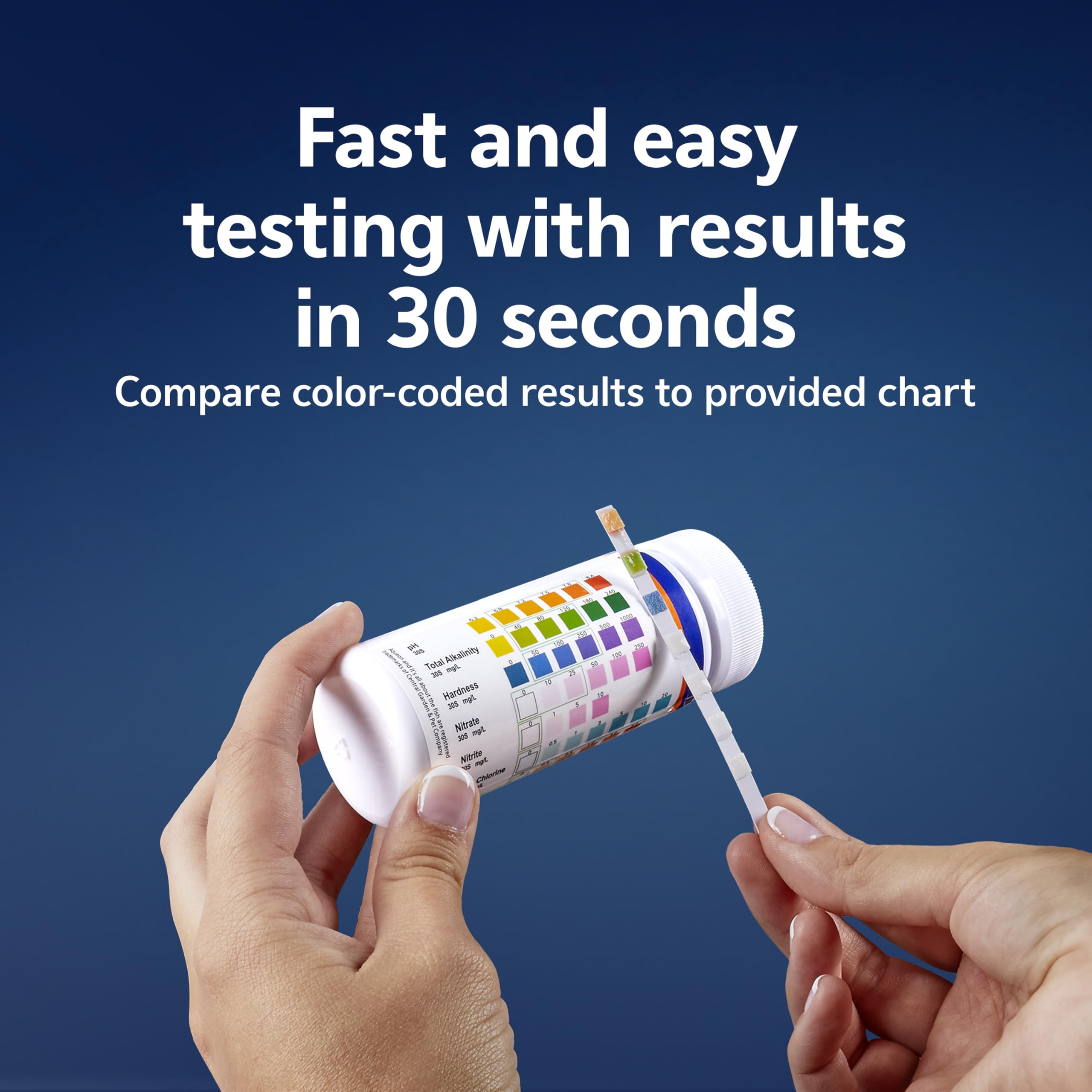 Aqueon 7-in-1 test strip used in a saltwater tank to track nitrates and iron.