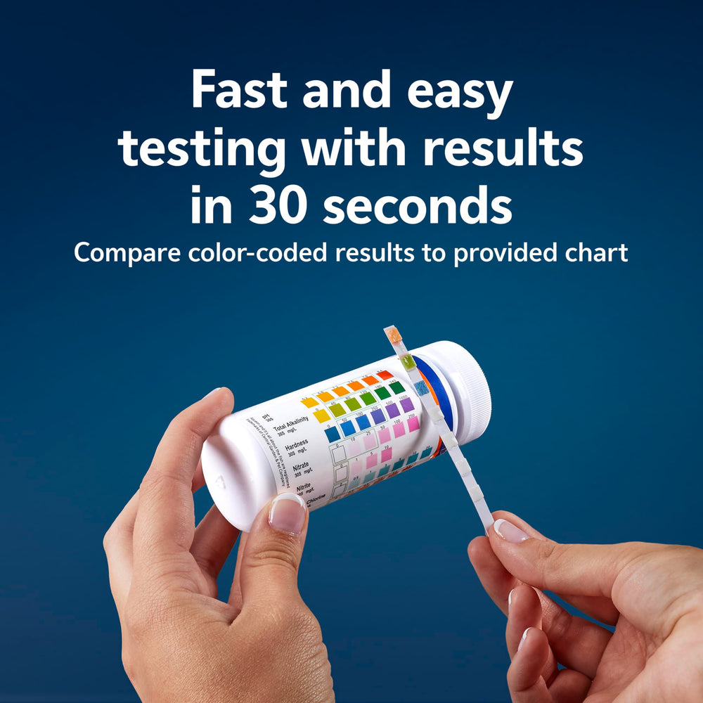 Aqueon 7-in-1 test strip used in a saltwater tank to track nitrates and iron.