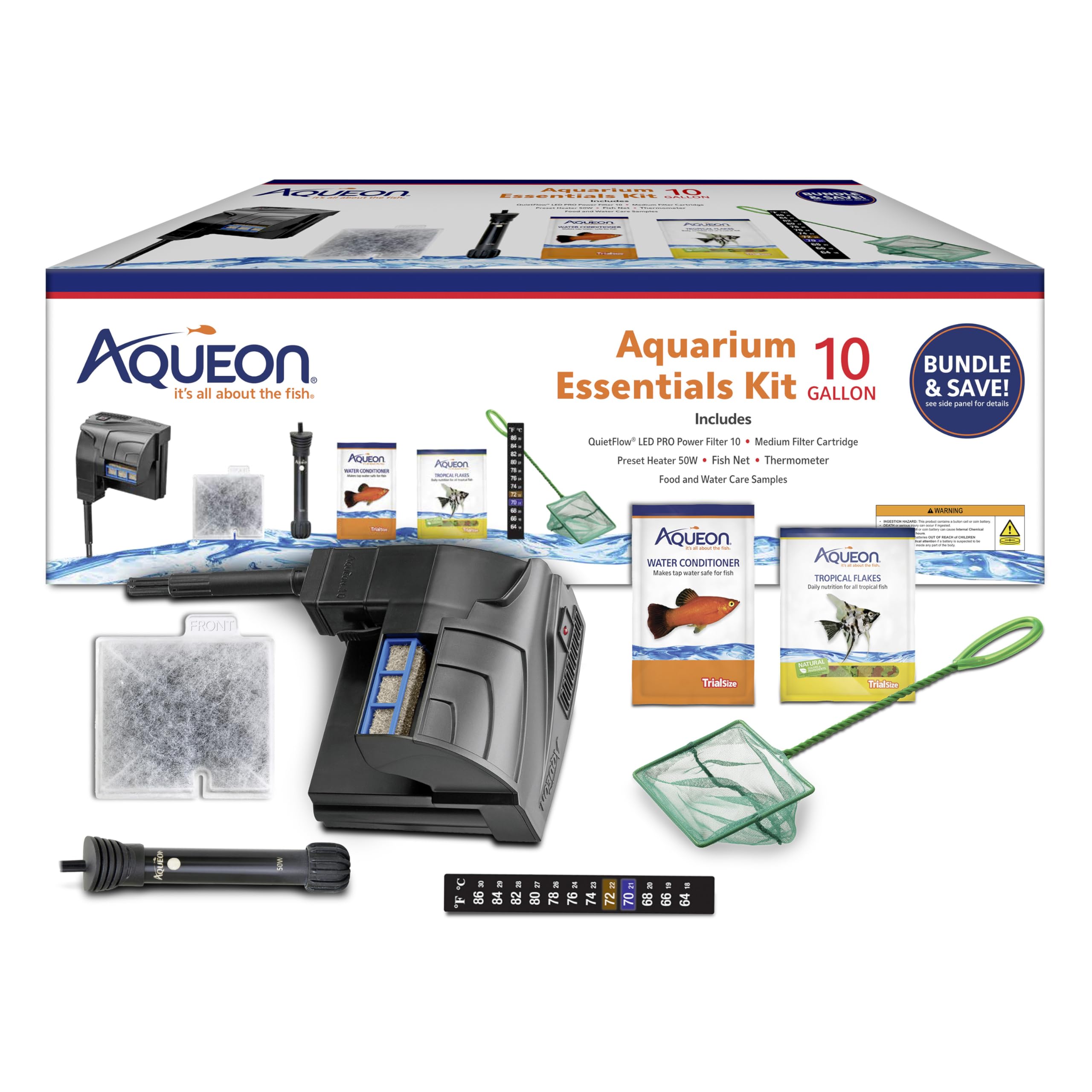 Aqueon Aquarium Essentials starter kit preset heater with suction cup maintains stable warmth.