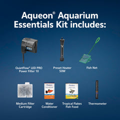 Aqueon Aquarium Essentials starter kit tropical fish flakes support daily nutrition and color.