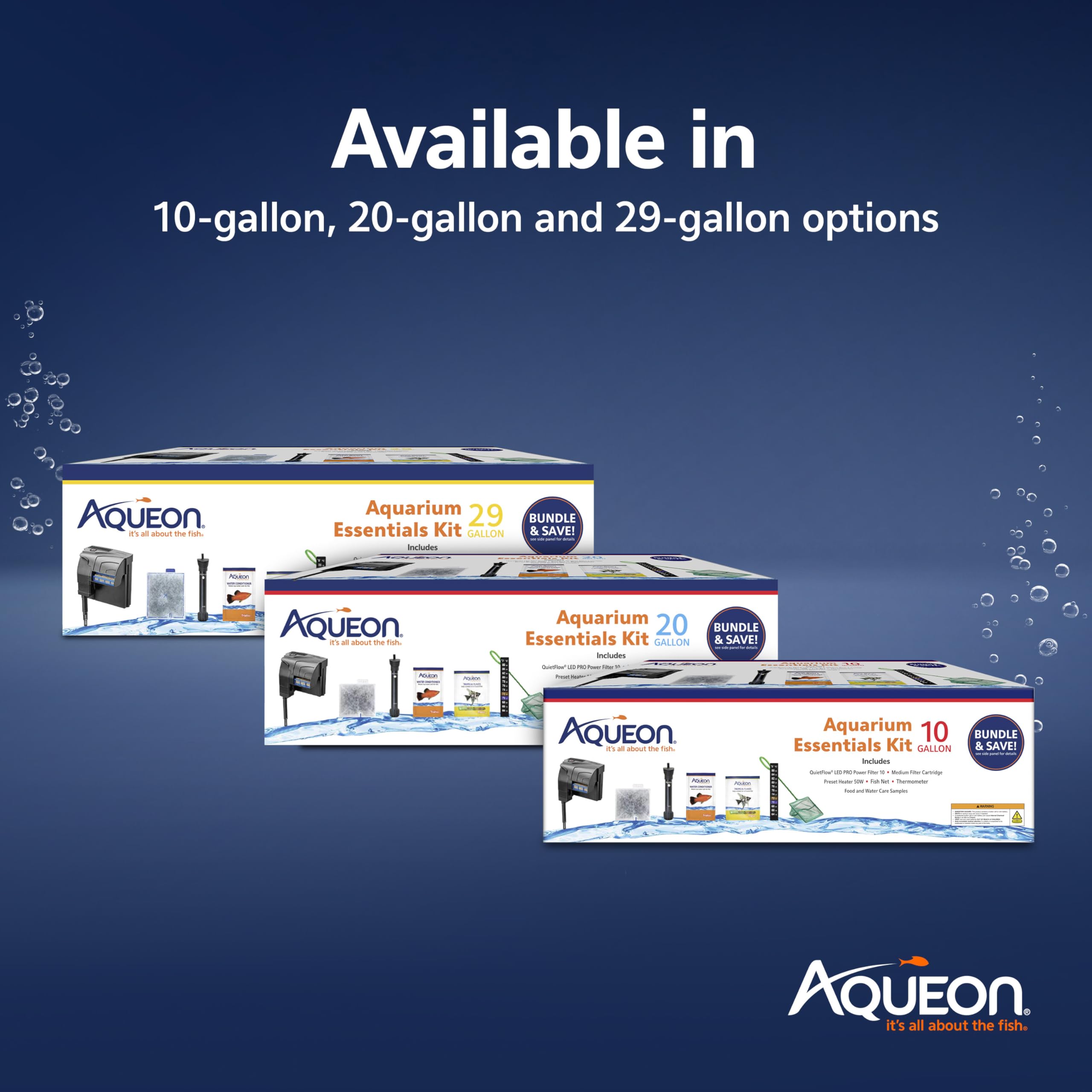 Aqueon Aquarium Essentials starter kit water conditioner samples jumpstart feeding and conditioning.