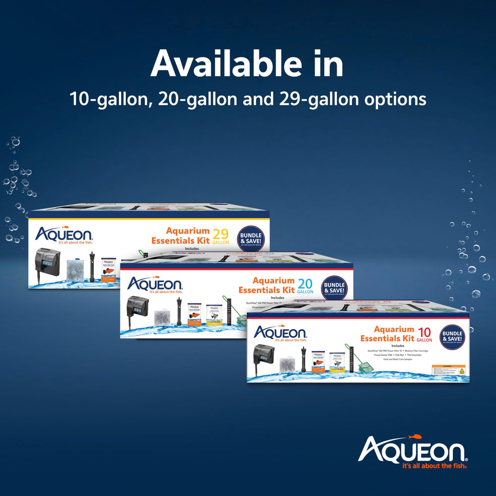 Aqueon Aquarium Essentials starter kit water conditioner samples jumpstart feeding and conditioning.