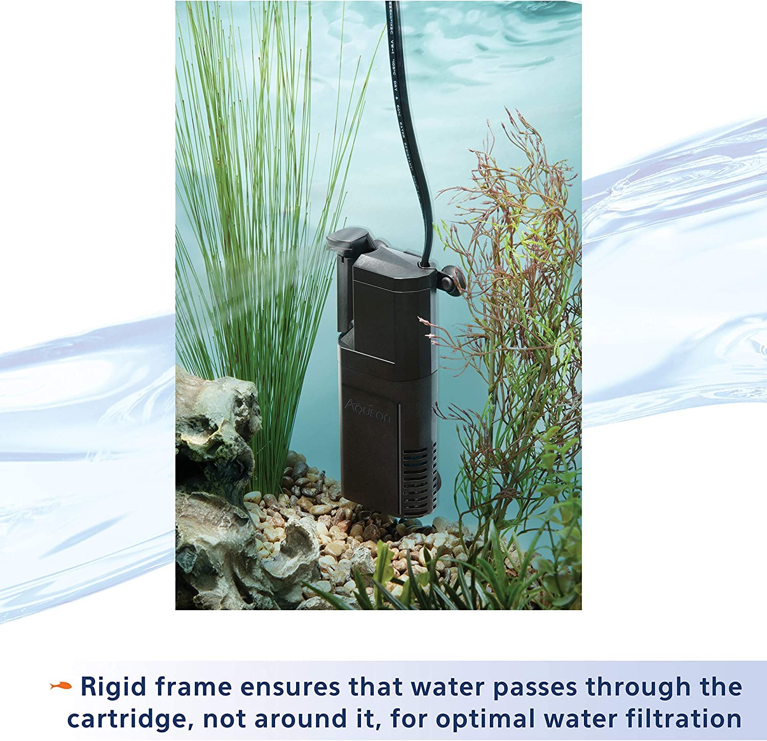 Aqueon aquarium setup shows healthy water with new cartridges.