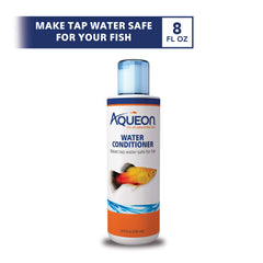Aqueon water conditioner bottle poured into a tank to promote safe water.