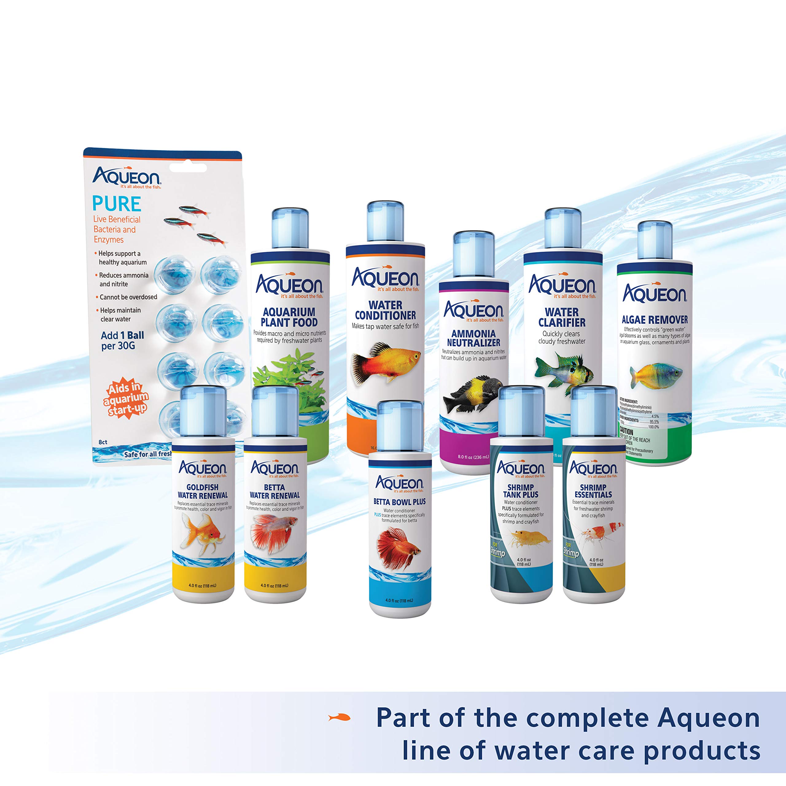 In-use scene showing adding Aqueon conditioner to promote safer water changes.