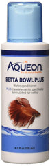 Aqueon Betta Bowl Plus bottle pouring conditioner for tap water, supporting healthy color and slime coat.