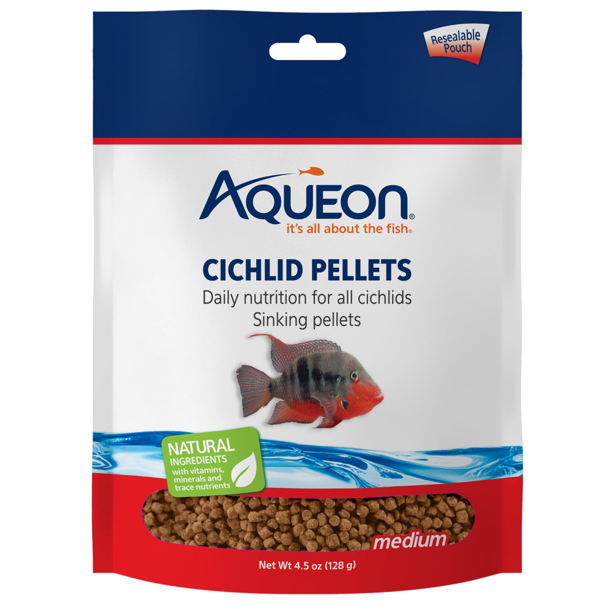 Aqueon Cichlid Food Medium 4.5 oz packaging shows premium ingredients for small to large cichlids.