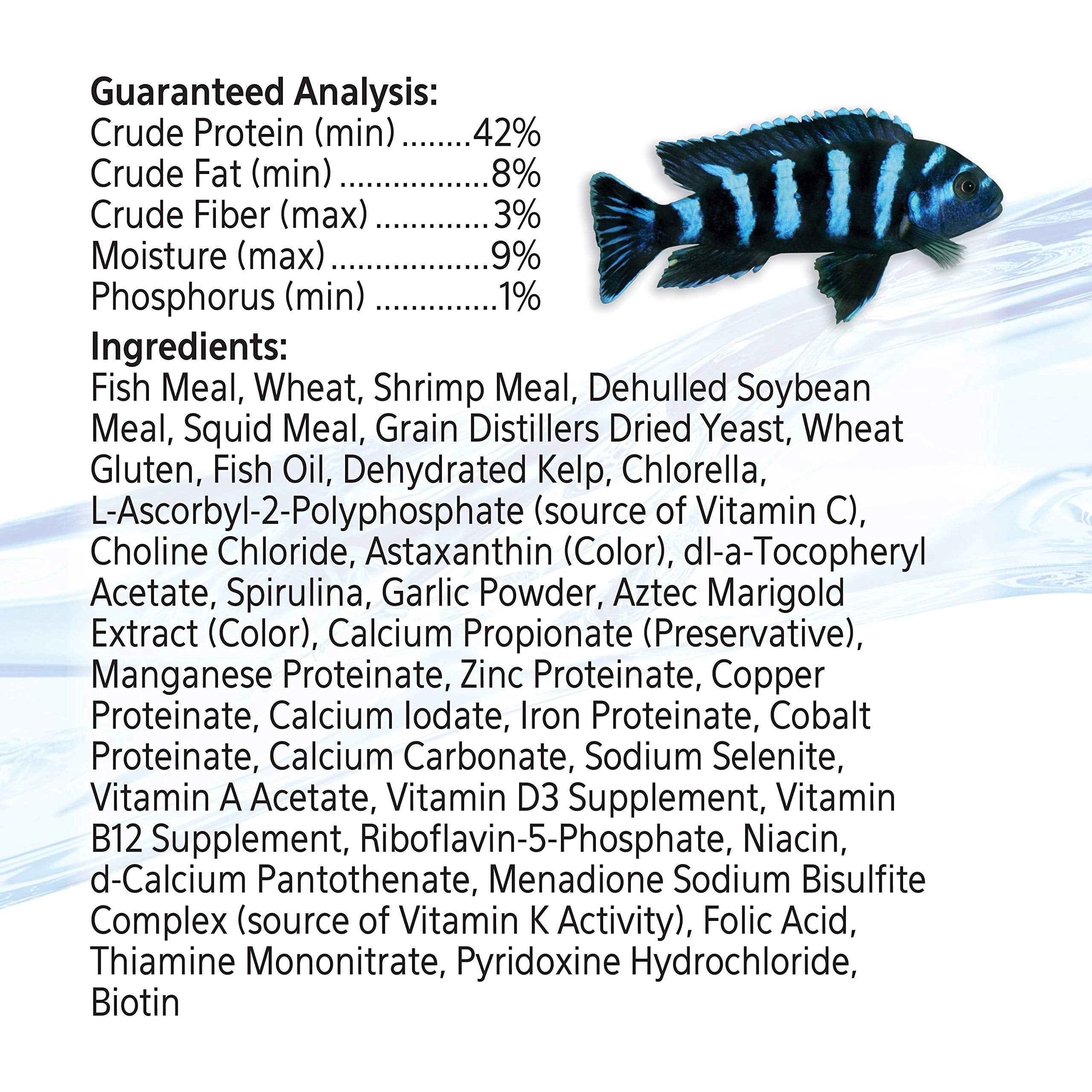 Aqueon Cichlid Food Mini ingredients showcase shrimp, squid, kelp and spirulina for vitality.