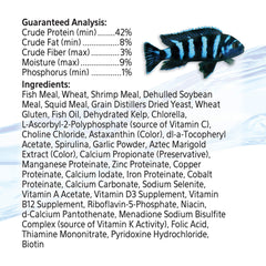 Aqueon Cichlid Food Mini ingredients showcase shrimp, squid, kelp and spirulina for vitality.