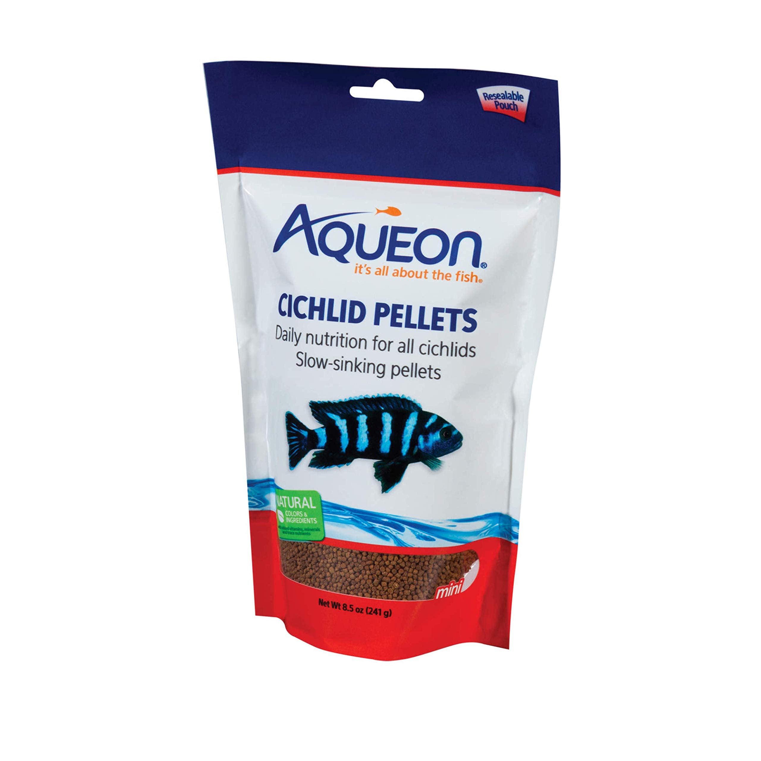 Aqueon Cichlid Food Mini packaging highlighting premium ingredients for healthy color.