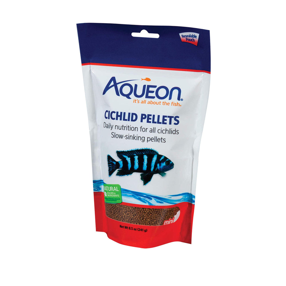 Aqueon Cichlid Food Mini packaging highlighting premium ingredients for healthy color.