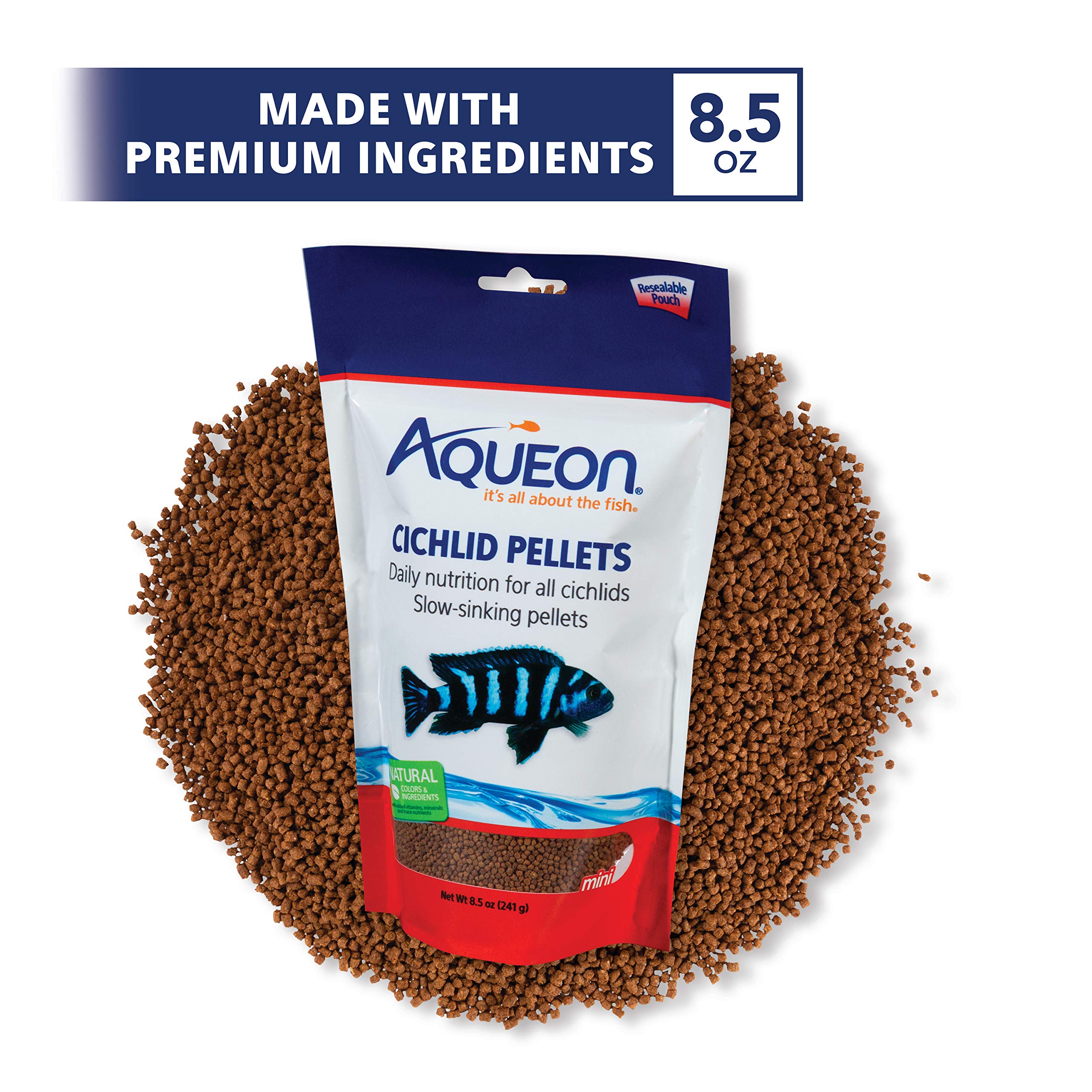 Aqueon Cichlid Food Mini pellets close-up emphasizing shrimp and squid ingredients.