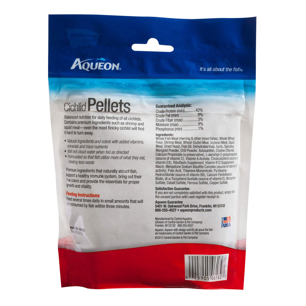 Aqueon Cichlid Pellets close-up shows 3mm medium granules designed for efficient feeding.