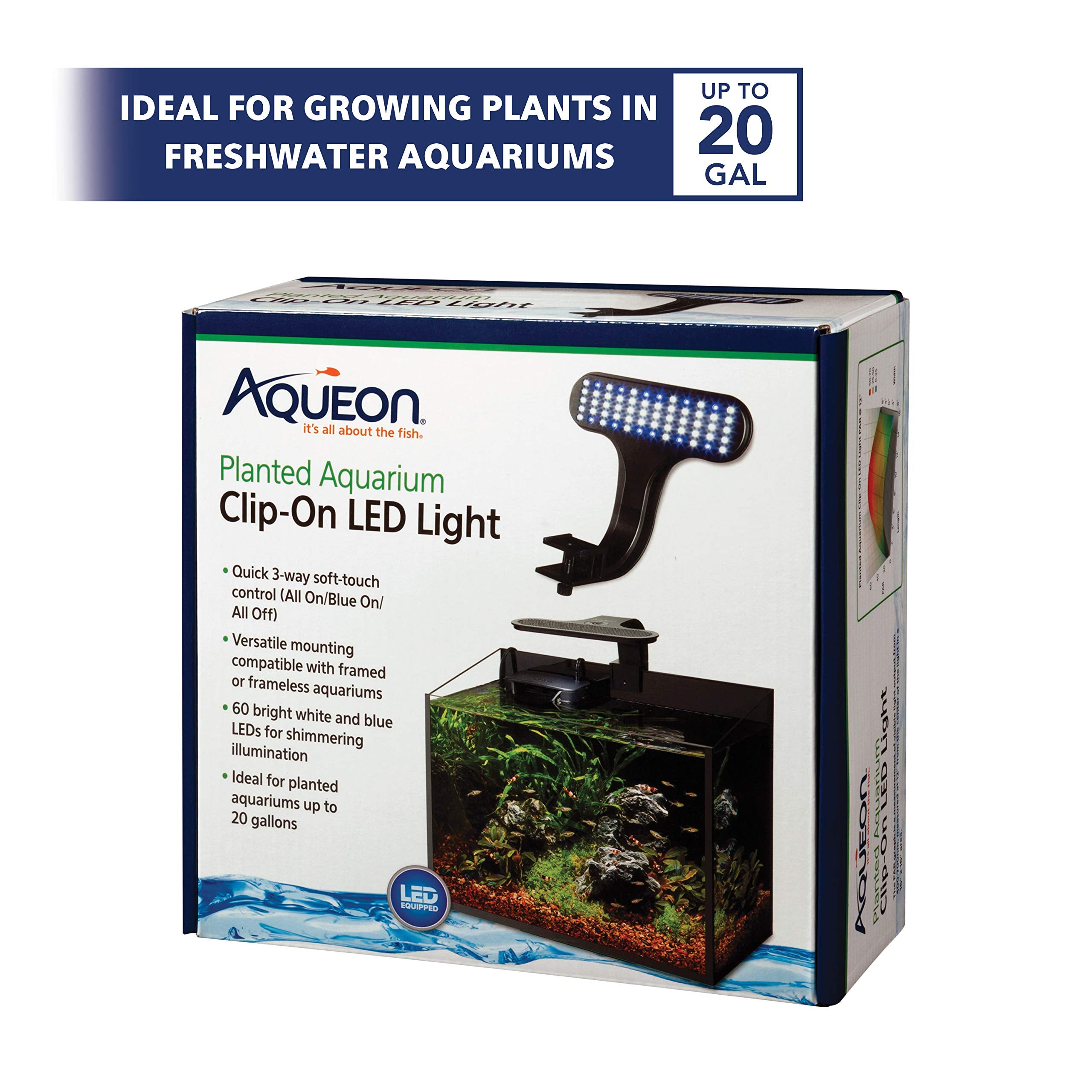 Aqueon clip-on LED light with blue and white LEDs for balanced planted tank lighting.