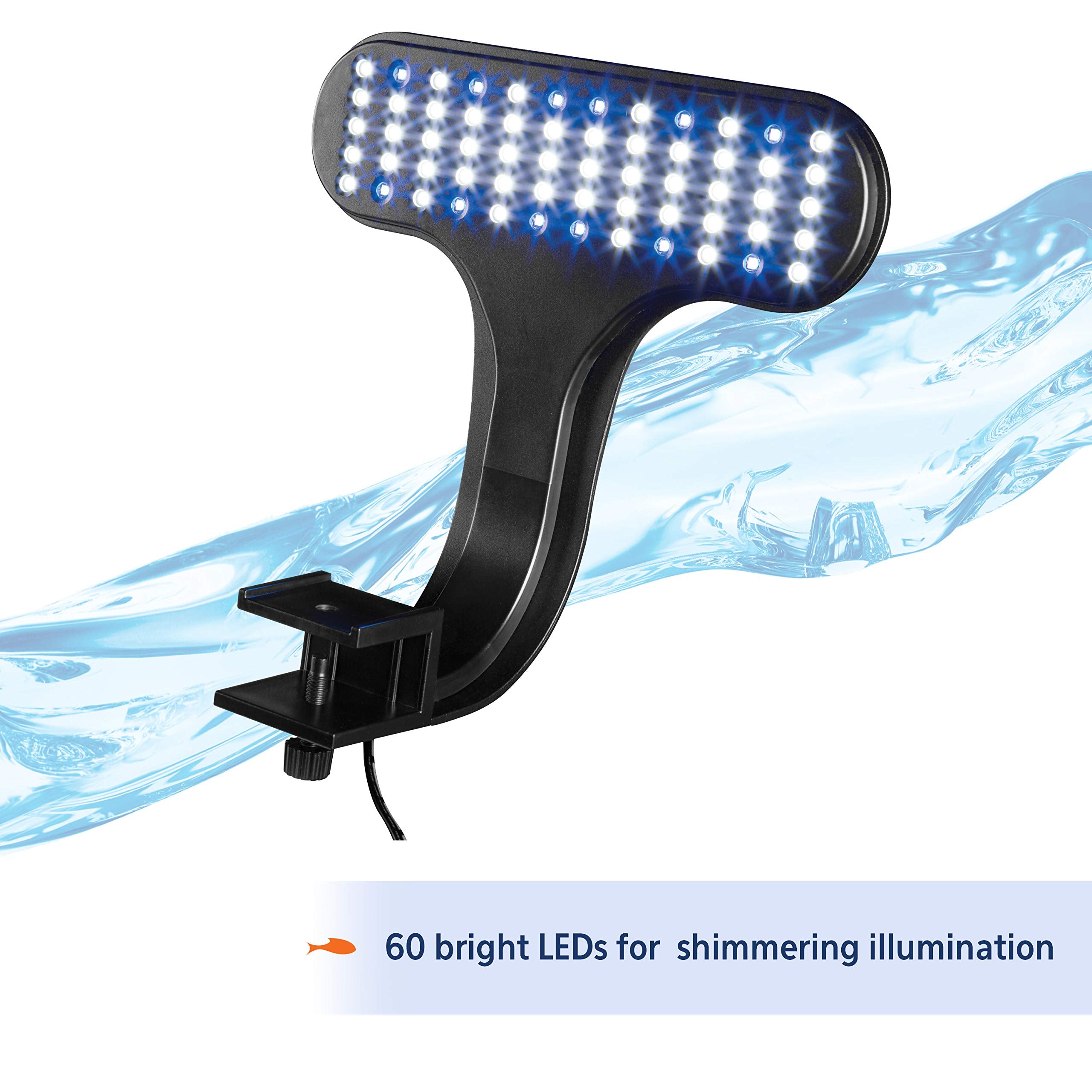 Aqueon clip-on LED light mounted with versatile screw for framed or frameless tanks.