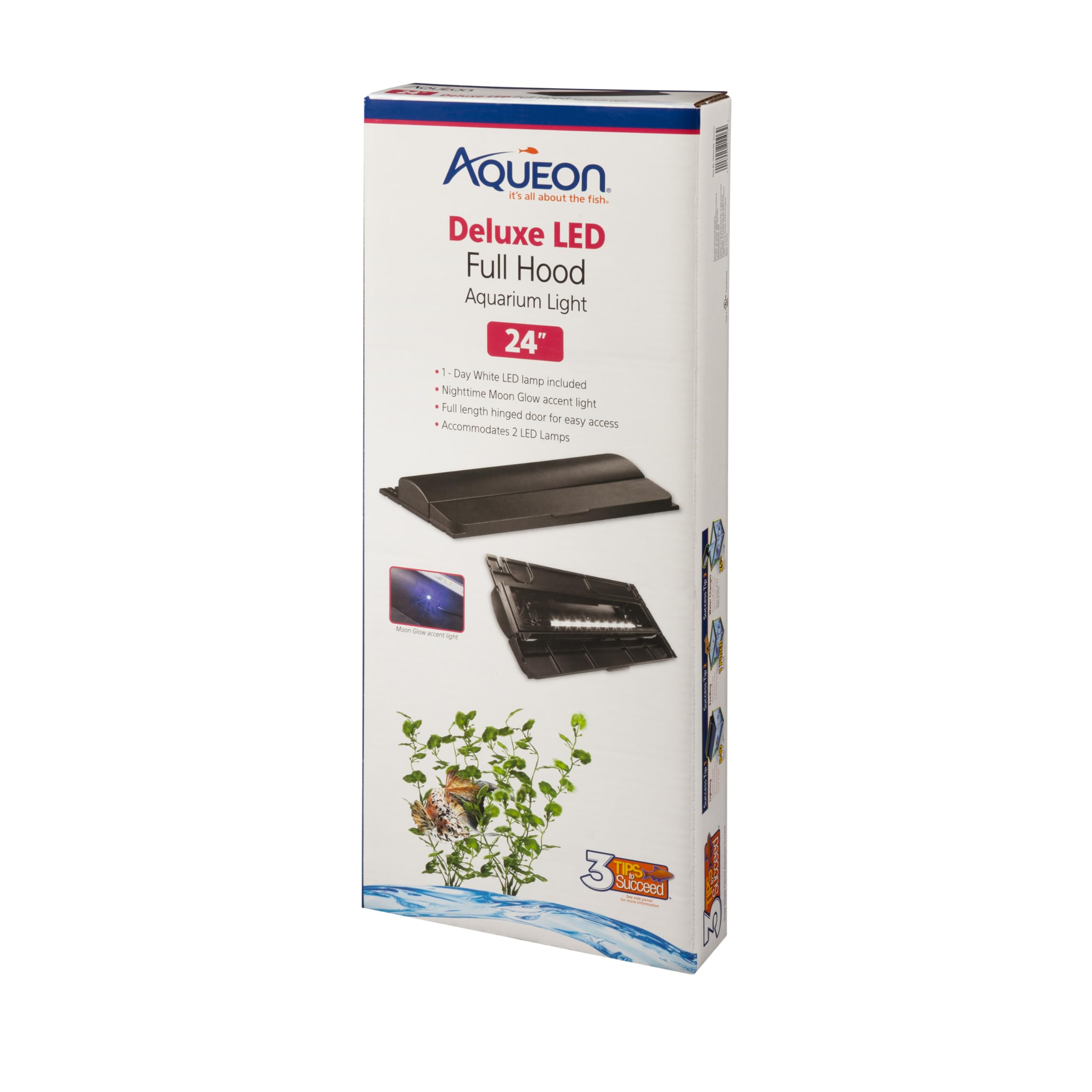 Aqueon LED Deluxe Hood 24-inch front view showing snug fit and reduced evaporation.