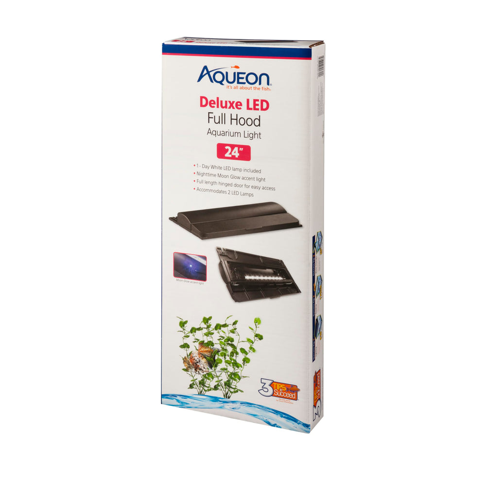 Aqueon LED Deluxe Hood 24-inch front view showing snug fit and reduced evaporation.
