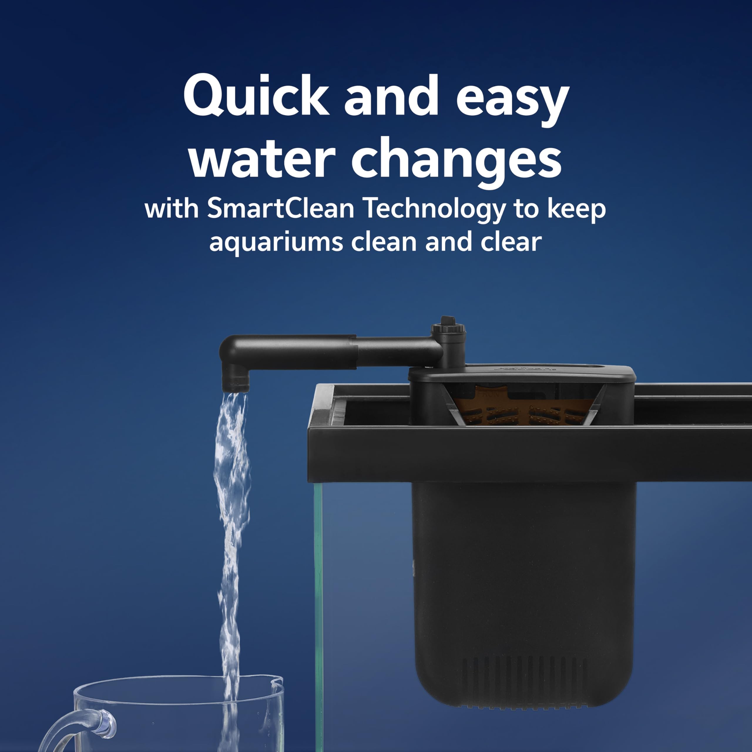 Aqueon QuietFlow adjustable flow dial tailors filtration for freshwater or saltwater setups.