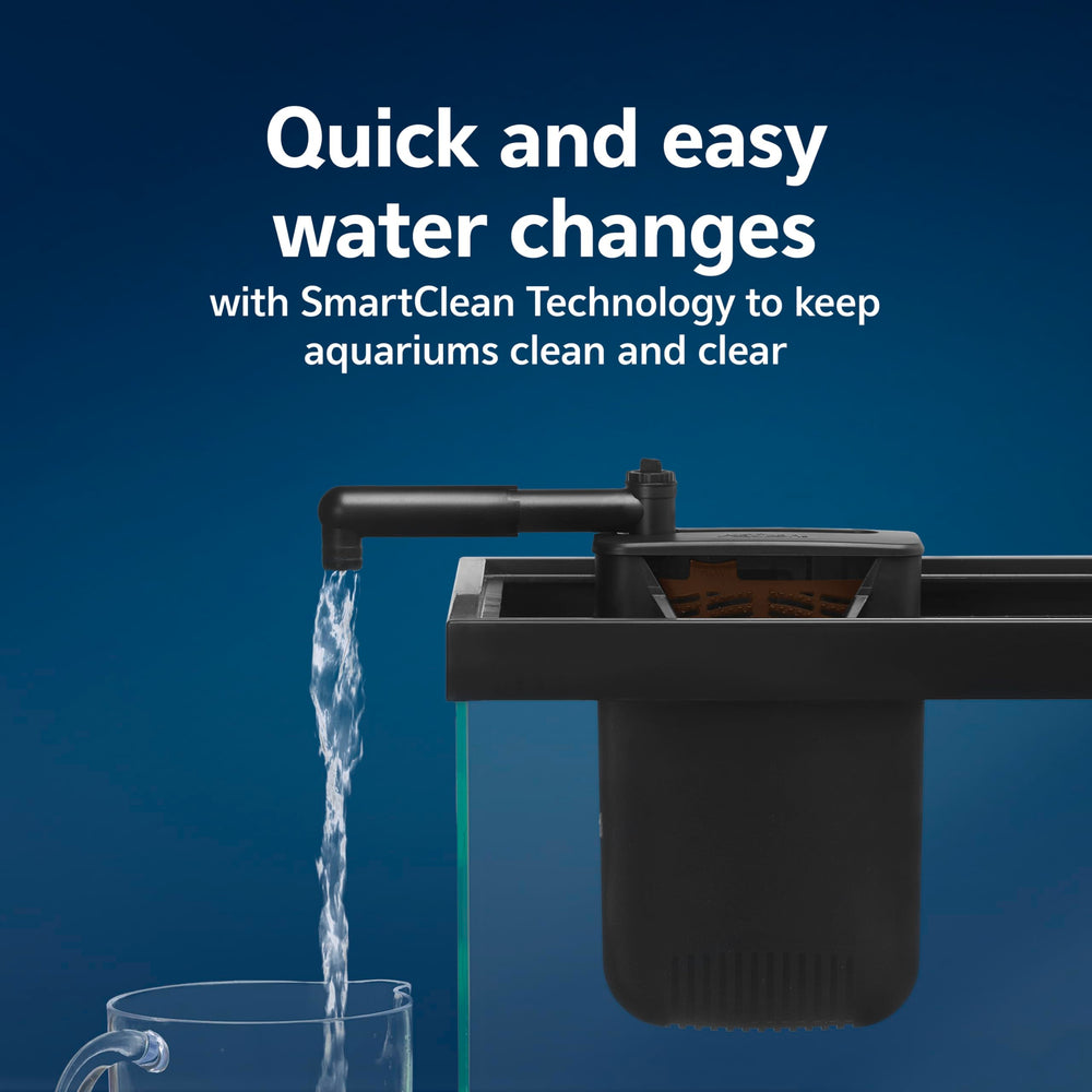 Aqueon QuietFlow adjustable flow dial tailors filtration for freshwater or saltwater setups.