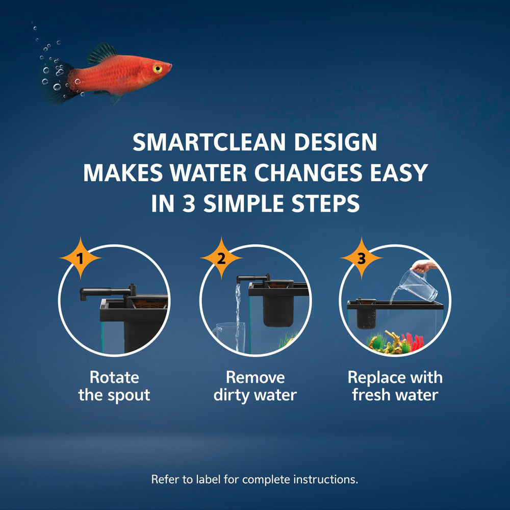 Aqueon QuietFlow setup with hanging clip and suction cups for versatile installation.