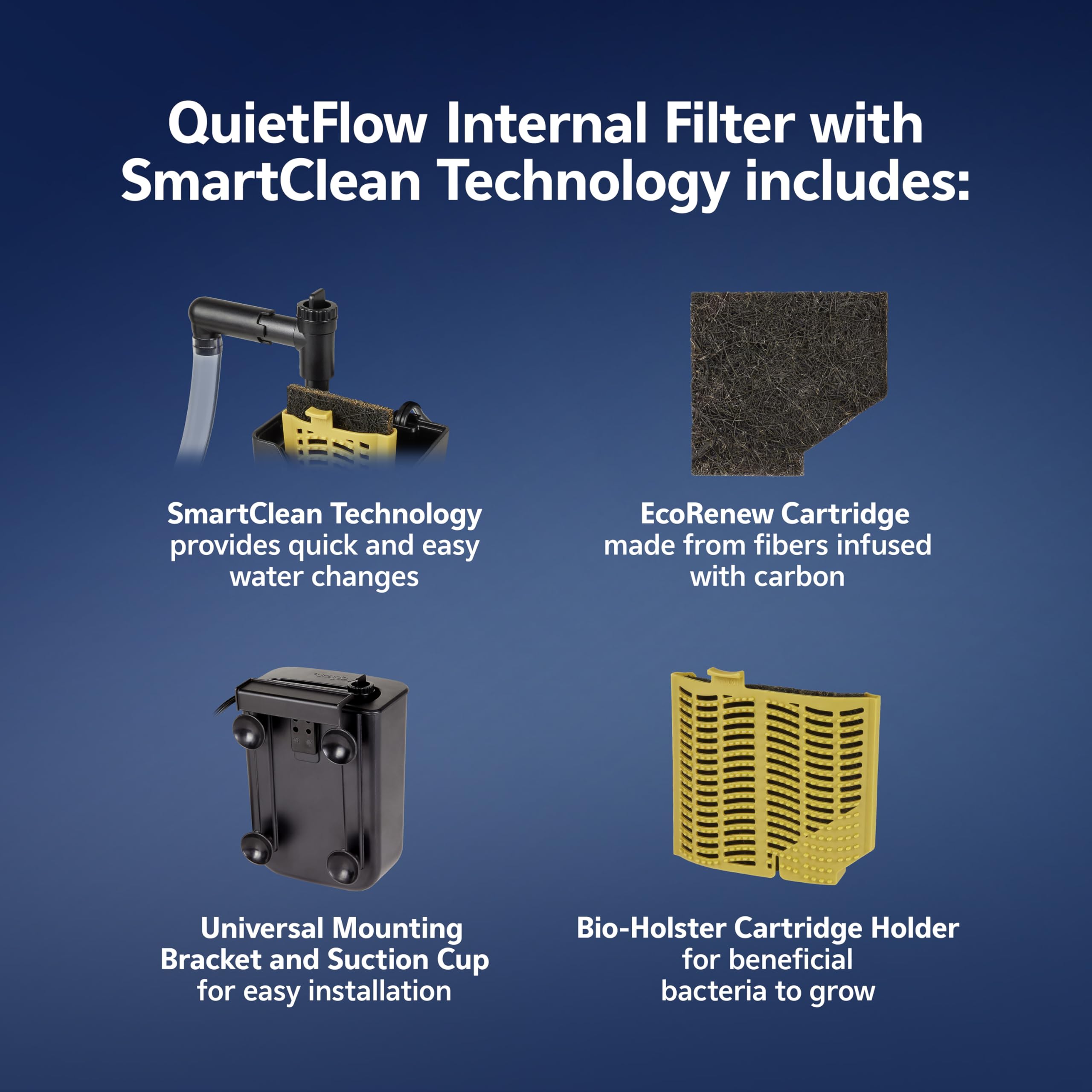 Aqueon QuietFlow bio-holster cartridge holder supports beneficial bacteria for stable filtration.