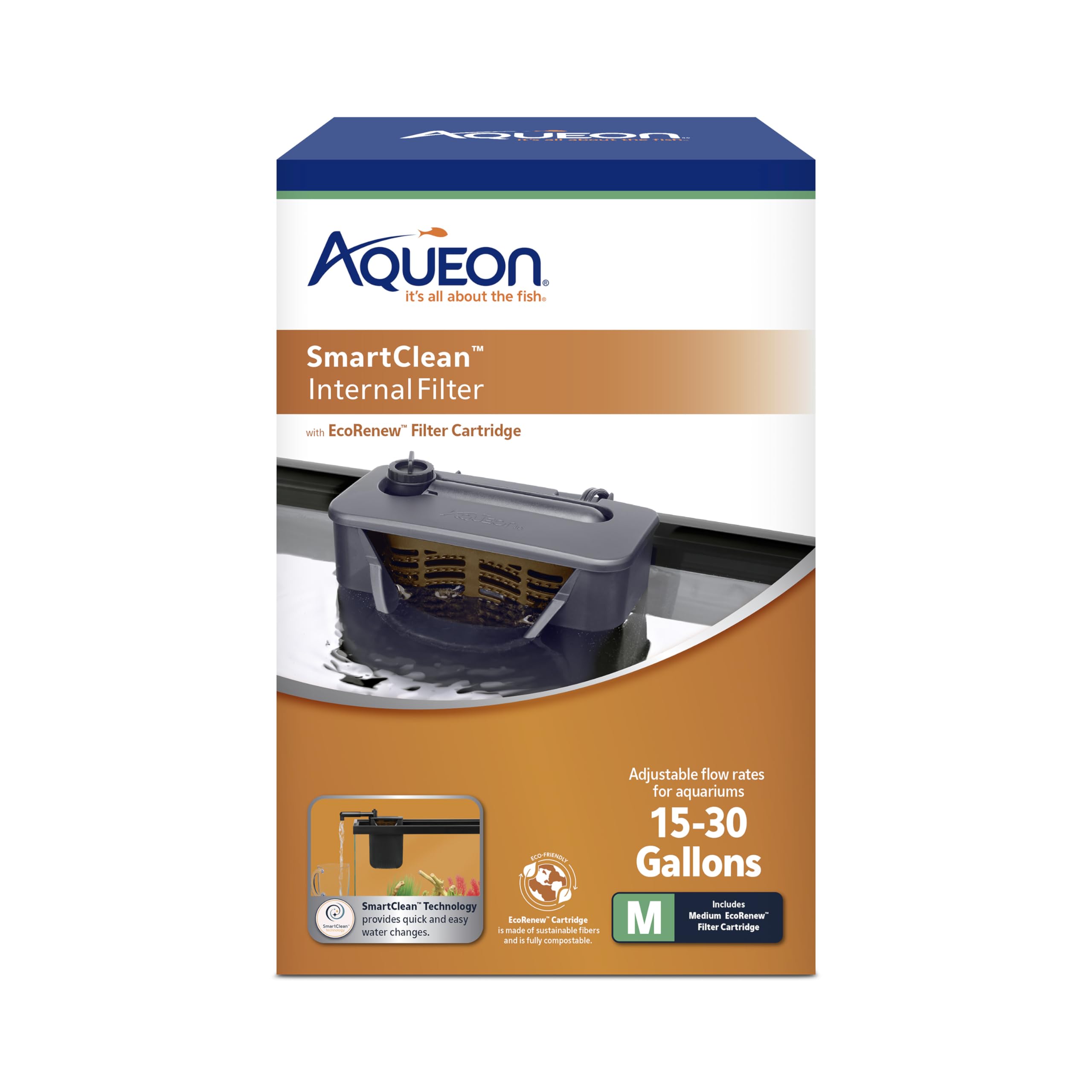 Aqueon QuietFlow internal filter with SmartClean nozzle enables mess-free partial water changes.