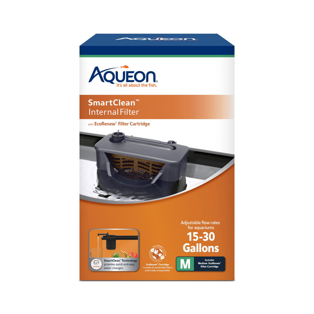 Aqueon QuietFlow internal filter with SmartClean nozzle enables mess-free partial water changes.