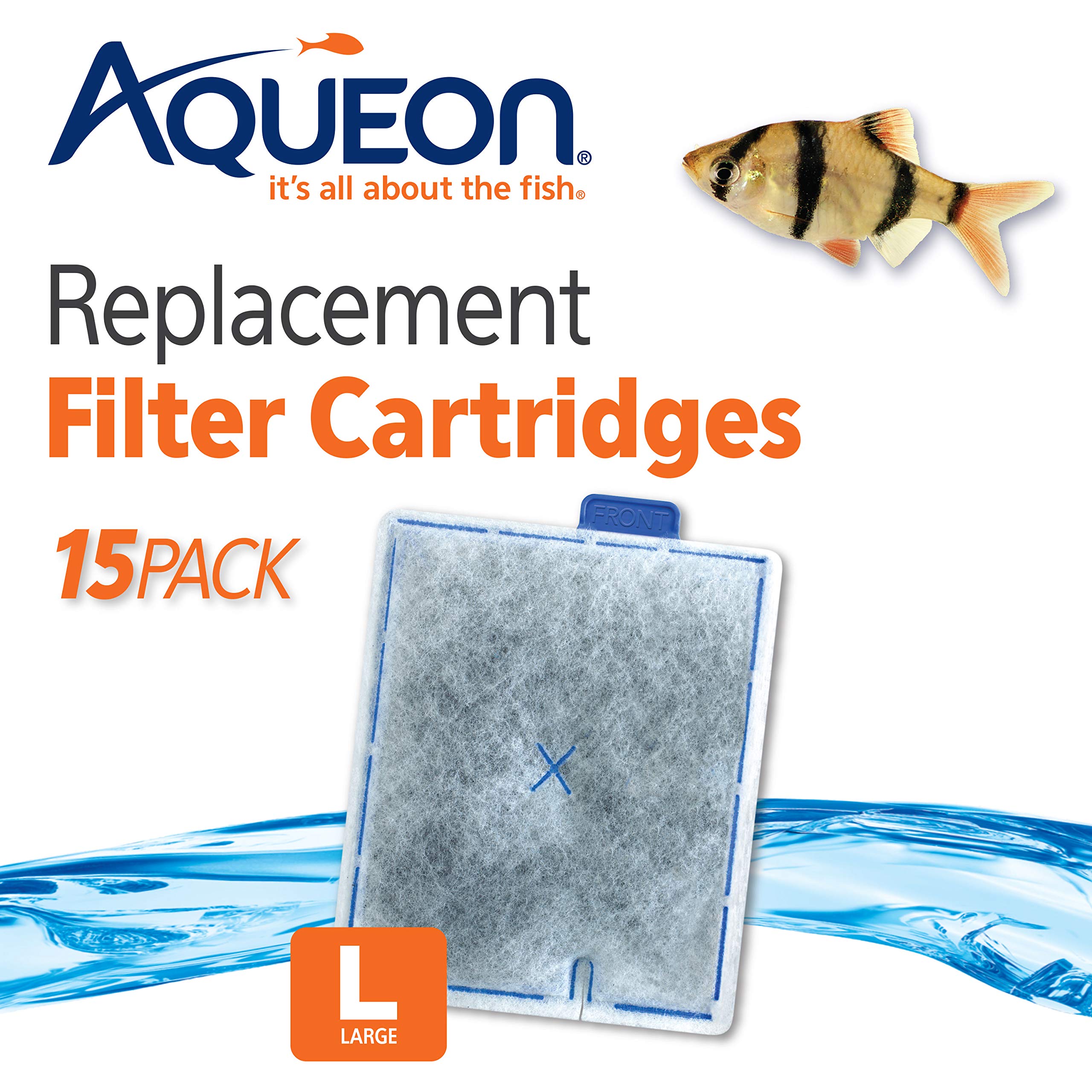 Aqueon replacement filter cartridge front view highlights easy installation with FRONT tab