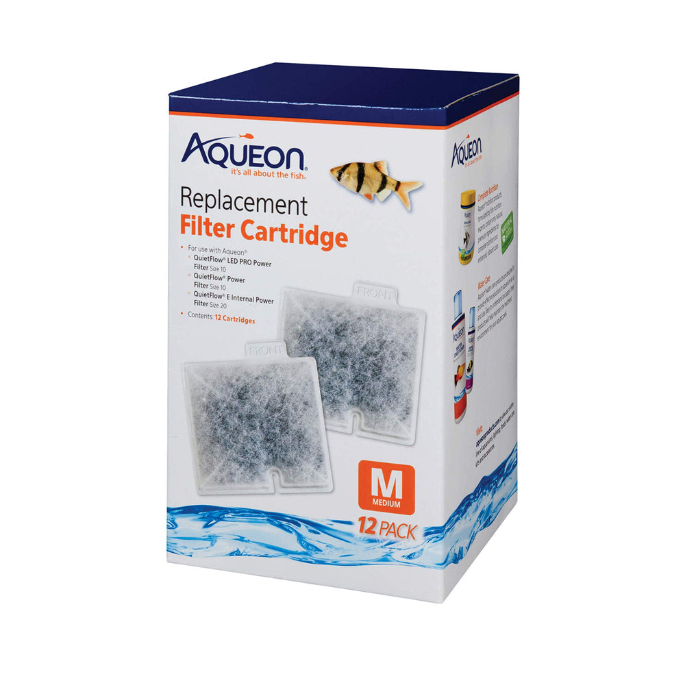 Aqueon Replacement Filter Cartridge Medium 12-pack front view highlighting FRONT orientation tab for easy setup