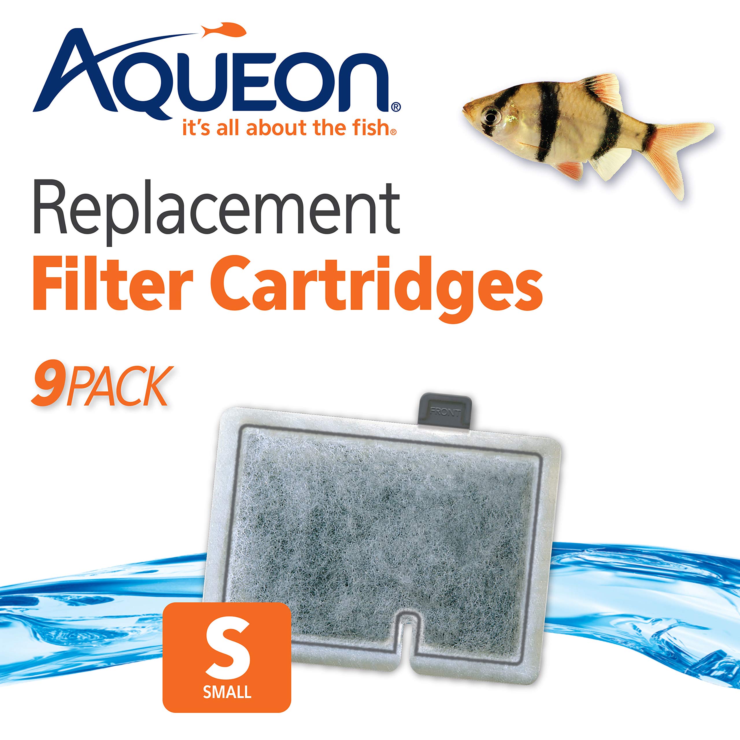 Aqueon dense-floss layer visible on small cartridge for filtration.