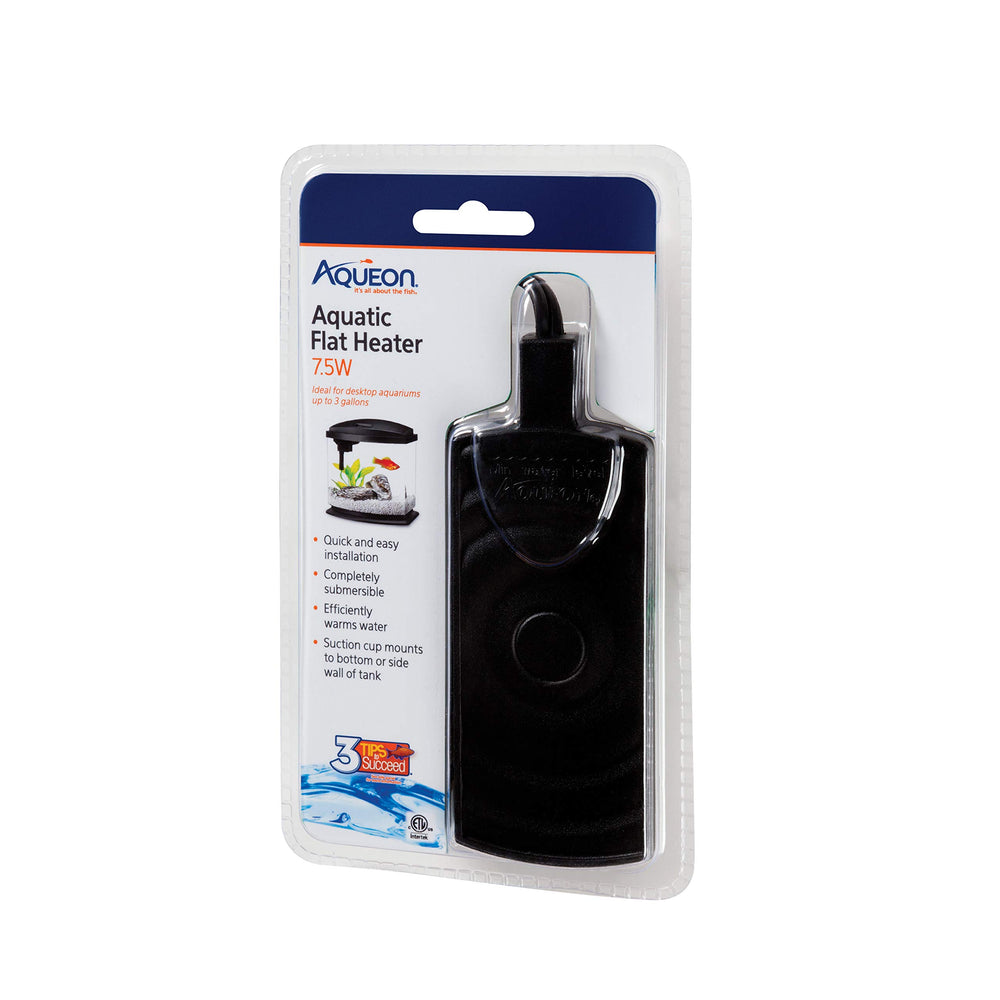 Aqueon small flat heater angled view shows compact warmth for tiny desktop tanks.